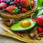 Fruits and vegetables on rustic background